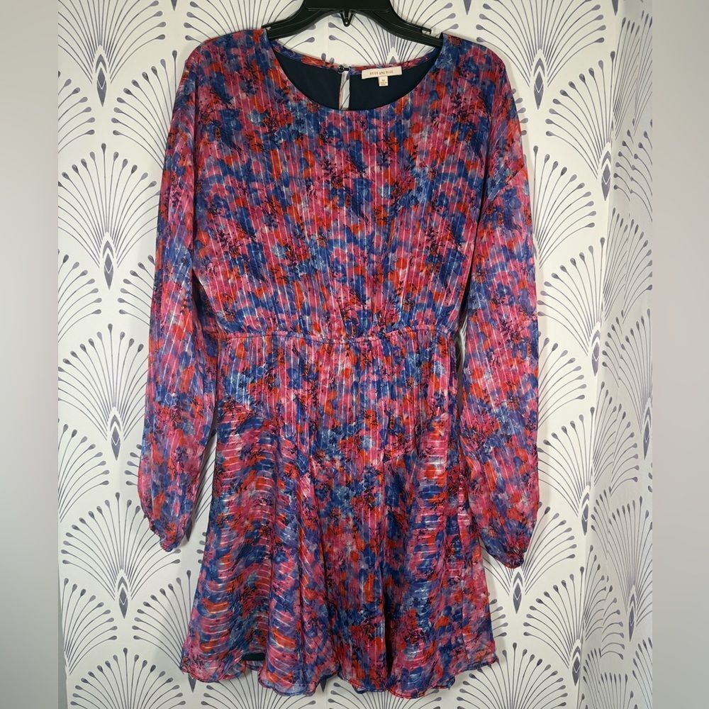Colorful Pleated Long Sleeve Dress size medium by Skies are Blue